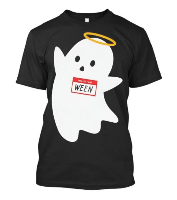 Hallo I Am Ween Ghost With Halo And Happy Halloween Name Tag T-Shirt