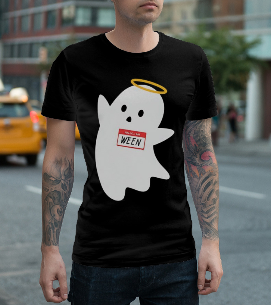 Hallo I Am Ween Ghost with Halo and Happy Halloween Name Tag T-Shirt