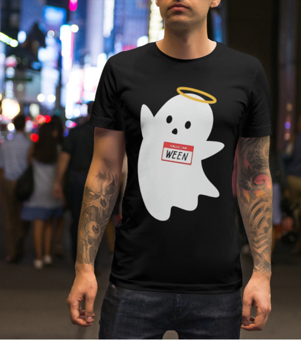 Hallo I Am Ween Ghost With Halo And Happy Halloween Name Tag T-Shirt
