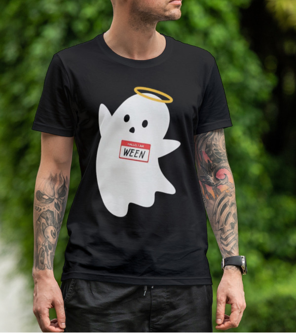 Hallo I Am Ween Ghost With Halo And Happy Halloween Name Tag T-Shirt