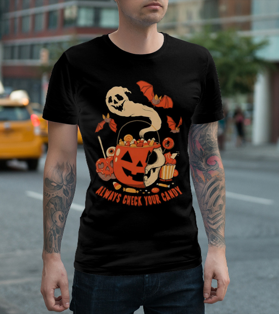 Halloween Always Check Your Candy Spooky Jack-O'-Lantern Ghost Bats And Sweets T-Shirt