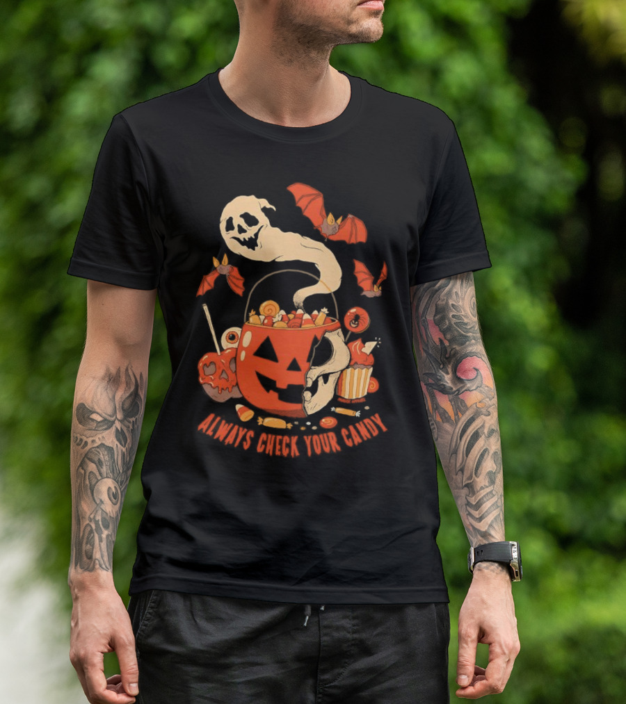 Halloween Always Check Your Candy Spooky Jack-O'-Lantern Ghost Bats And Sweets T-Shirt