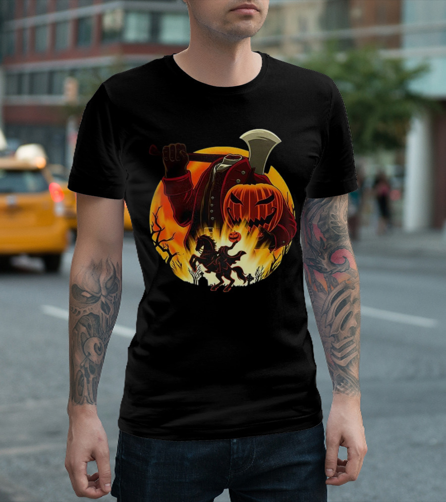 Headless Horseman Galloping Hessian Pumpkin Halloween Axe Rider T-Shirt