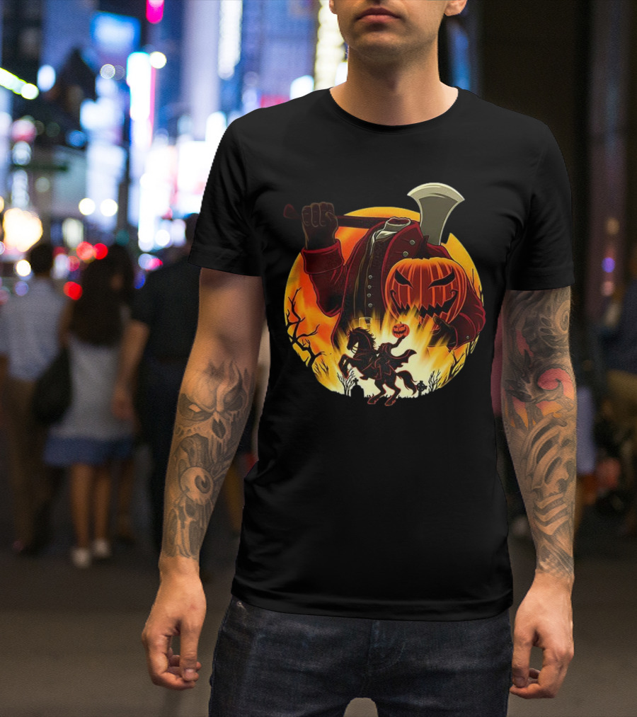 Headless Horseman Galloping Hessian Pumpkin Halloween Axe Rider T-Shirt