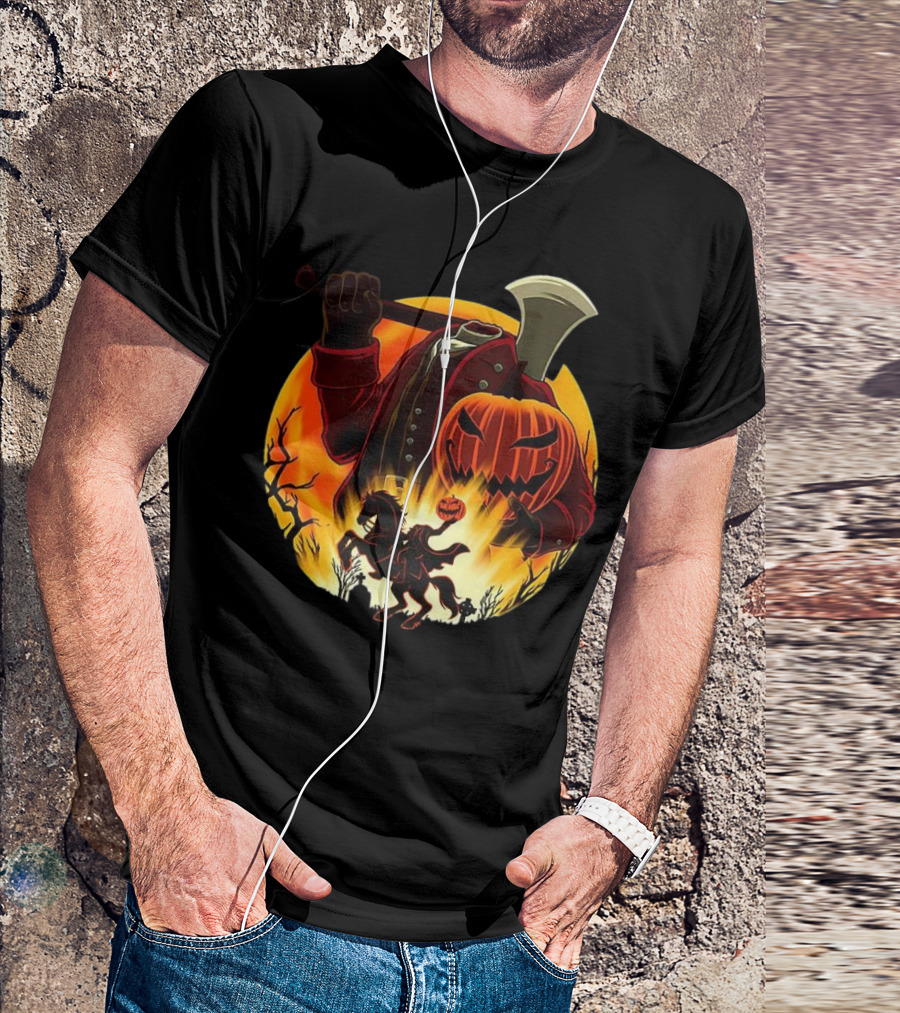 Headless Horseman Galloping Hessian Pumpkin Halloween Axe Rider T-Shirt