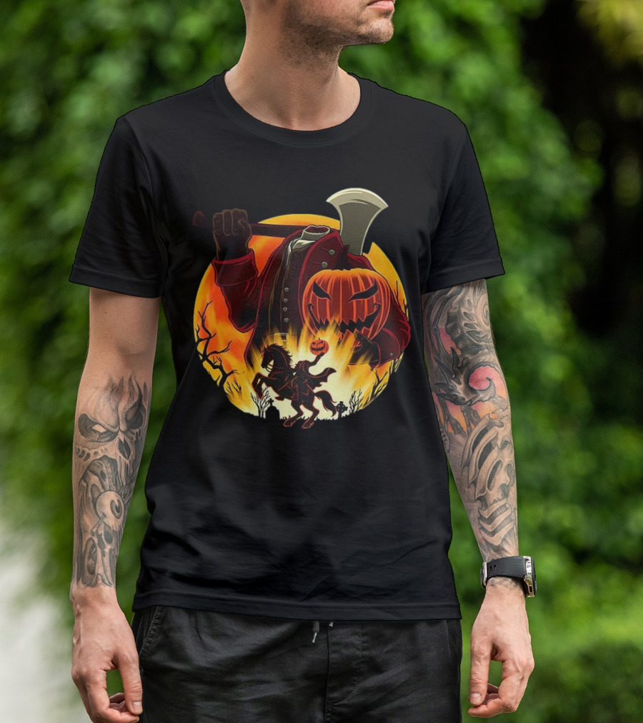 Headless Horseman Galloping Hessian Pumpkin Halloween Axe Rider T-Shirt