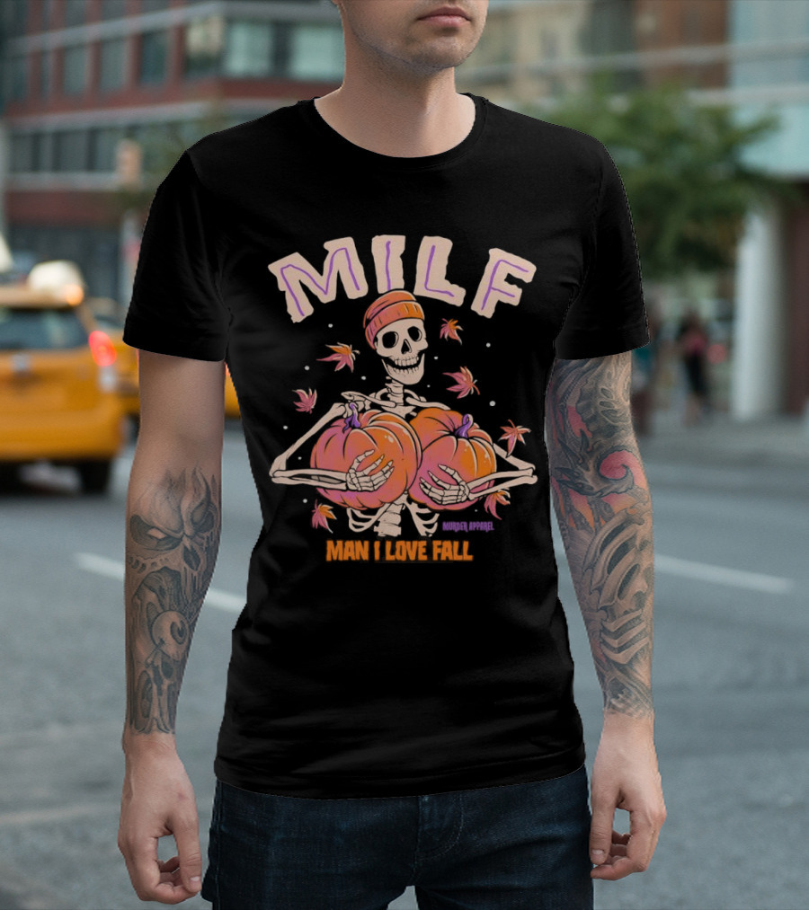 MILF Skeleton Man I Love Fall Pumpkins Leaves Vintage Halloween T-Shirt