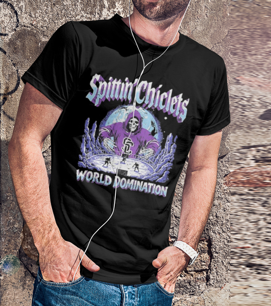 Spittin Chiclets Grim Reaper Hockey World Domination Moon T-Shirt