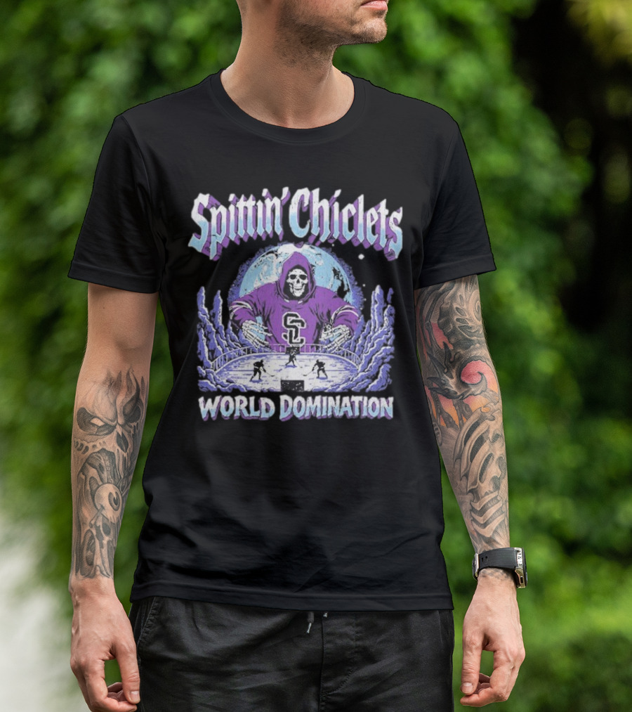 Spittin Chiclets Grim Reaper Hockey World Domination Moon T-Shirt