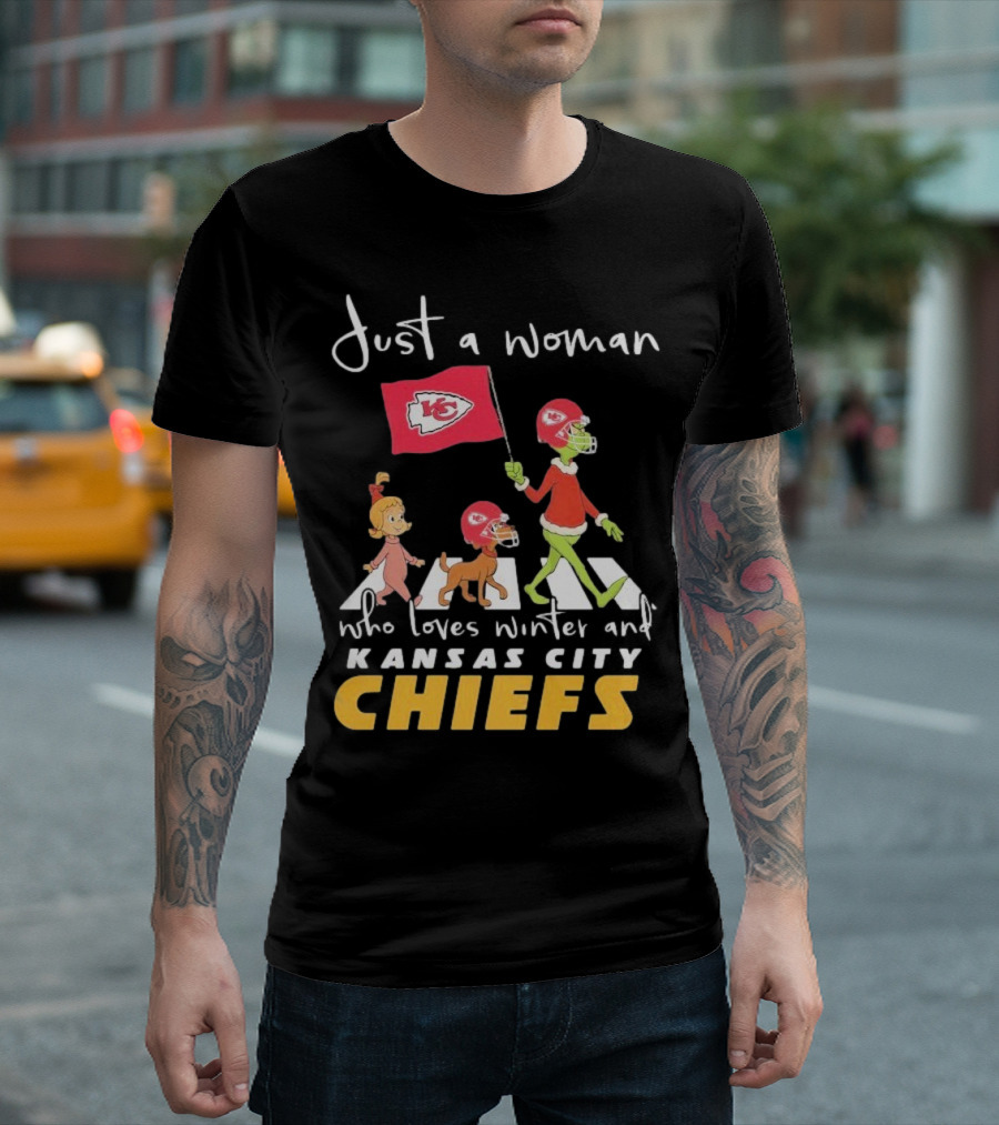 Just A Woman Who Loves Winter And Kansas City Chiefs Abbey Road T-Shirt