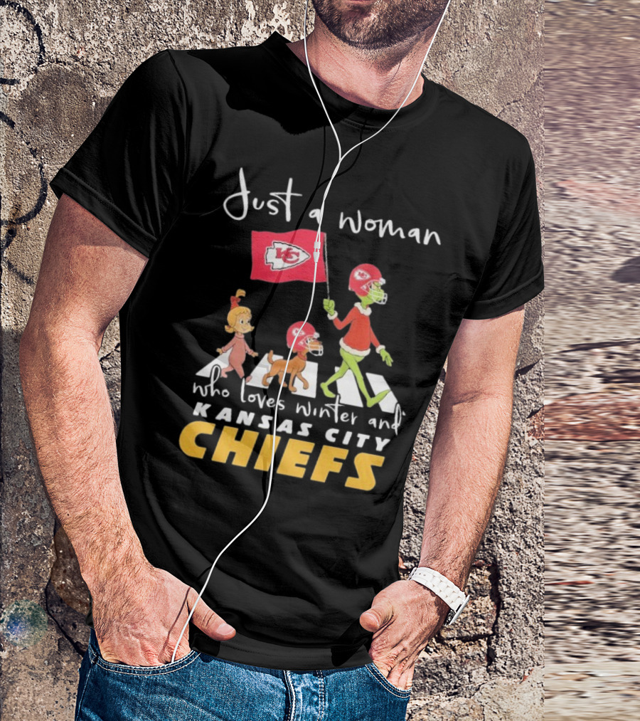 Just A Woman Who Loves Winter And Kansas City Chiefs Abbey Road T-Shirt