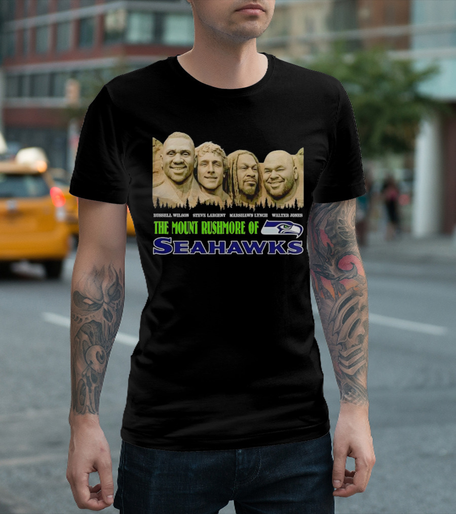 The Mount Rushmore of Seahawks Russell Wilson Steve Largent Marshawn Lynch Walter Jones T-Shirt