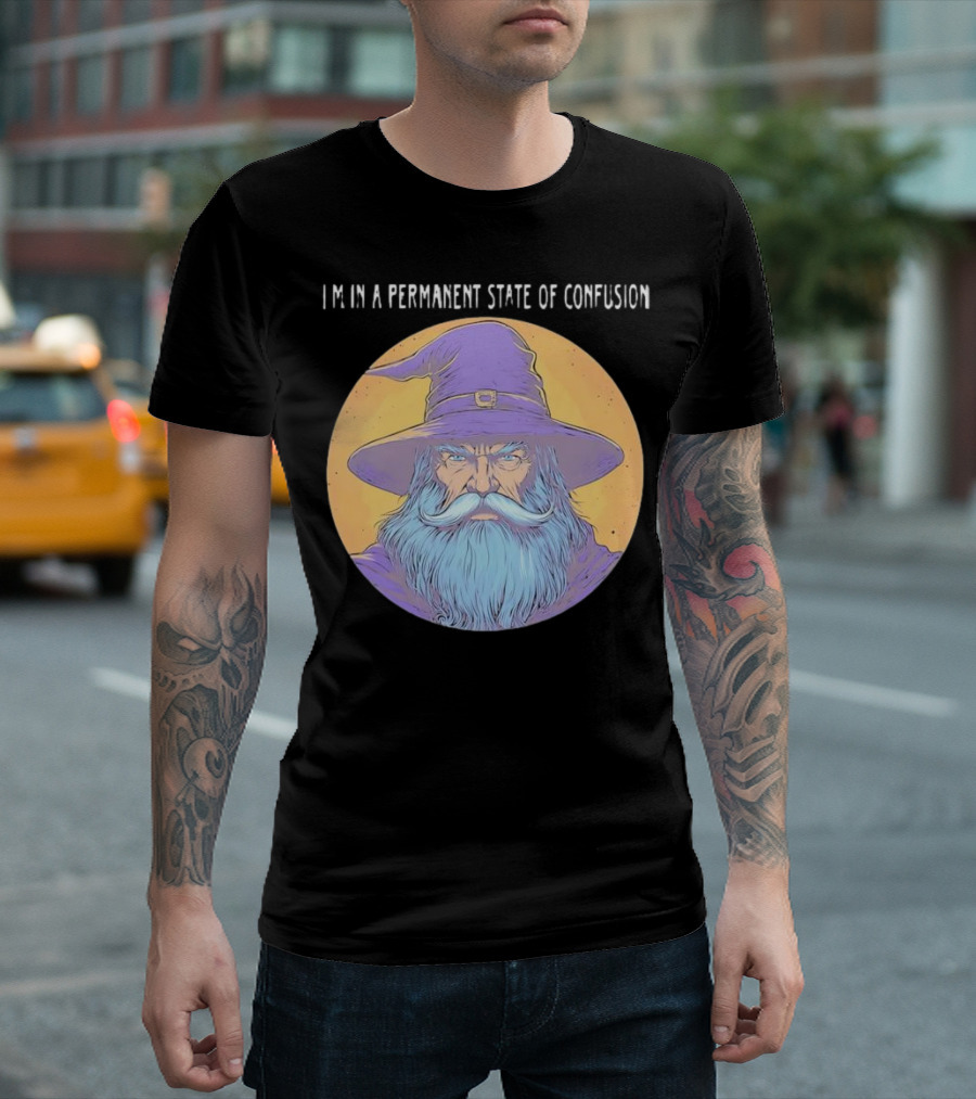 Wizard Magic I'm In A Permanent State Of Confusion Purple Hat Mystic Illustration T-Shirt