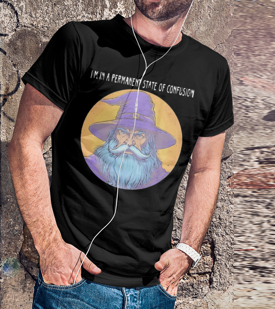 Wizard Magic I'm In A Permanent State Of Confusion Purple Hat Mystic Illustration T-Shirt