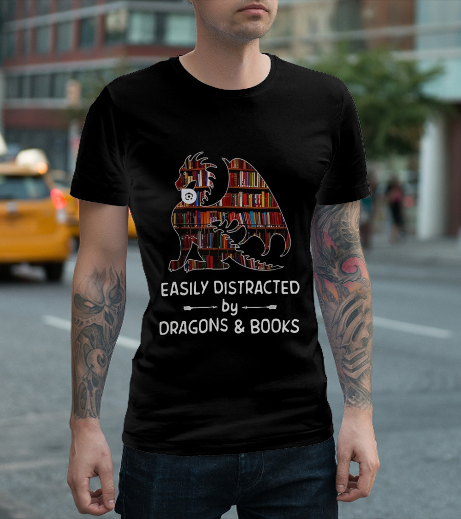 Easily Distracted By Dragons & Books Library Collage T-Shirt