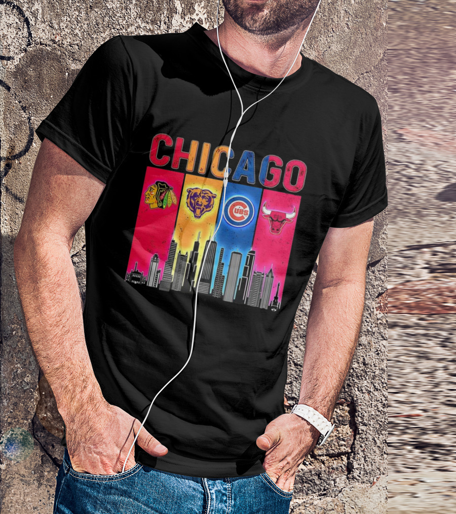 Chicago Blackhawks Bears Cubs Bulls Skyline T-Shirt