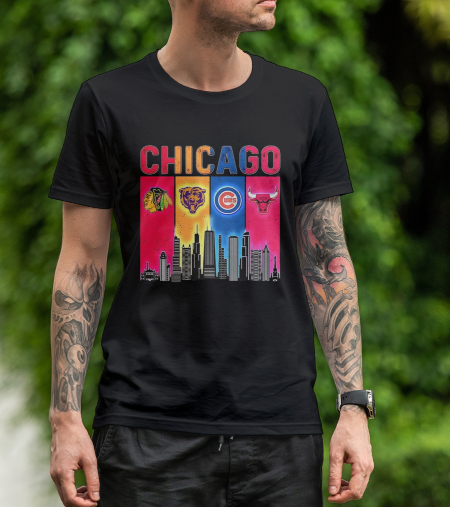 Chicago Blackhawks Bears Cubs Bulls Skyline T-Shirt