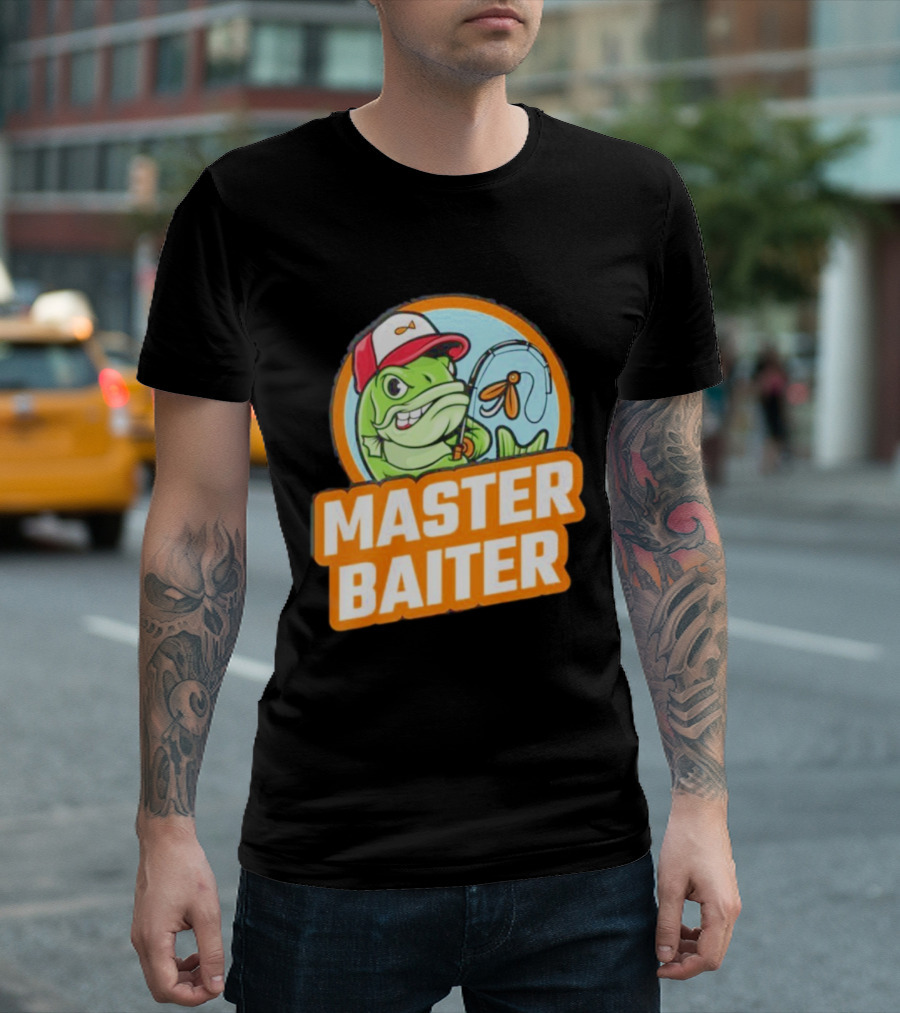 Master Baiter Fishing Cartoon Fish With Red Cap And Fishing Rod T-Shirt