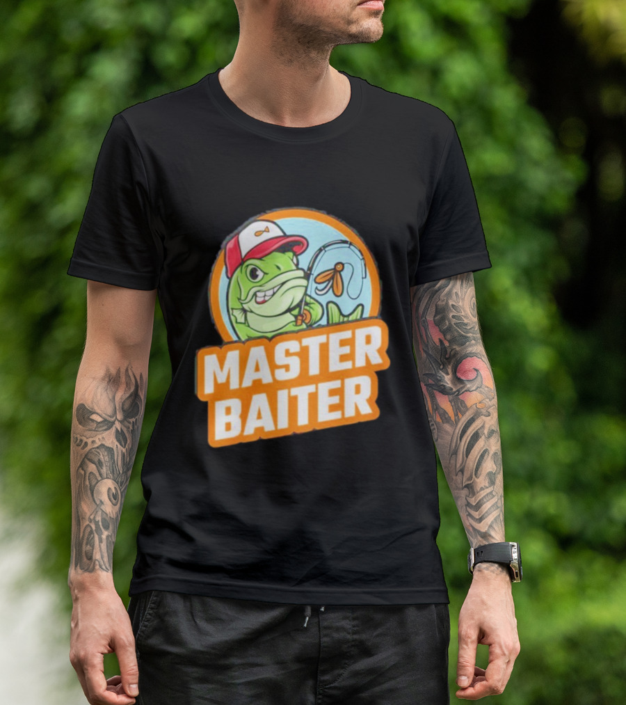 Master Baiter Fishing Cartoon Fish With Red Cap And Fishing Rod T-Shirt