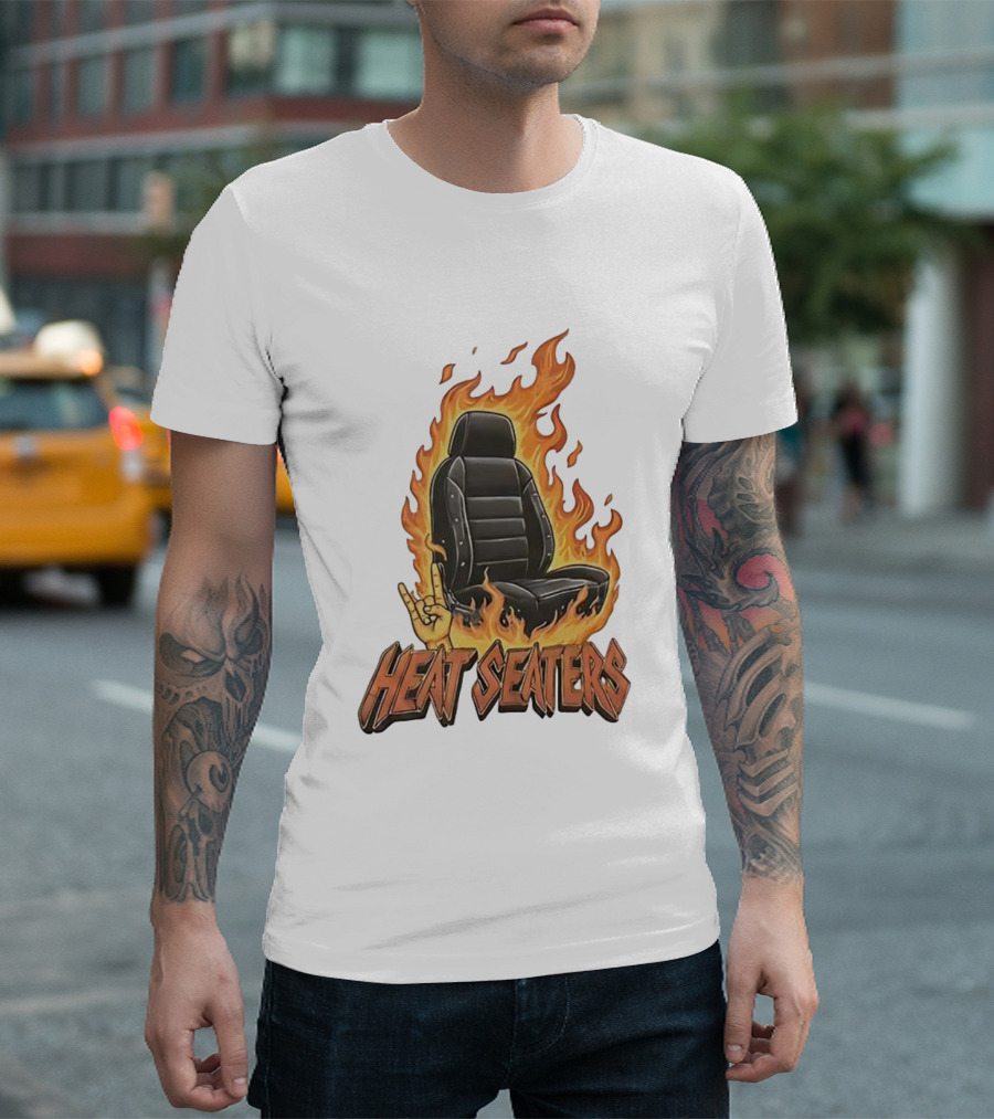 Heat Seaters Flaming Car Seat Rock Emoji T-Shirt