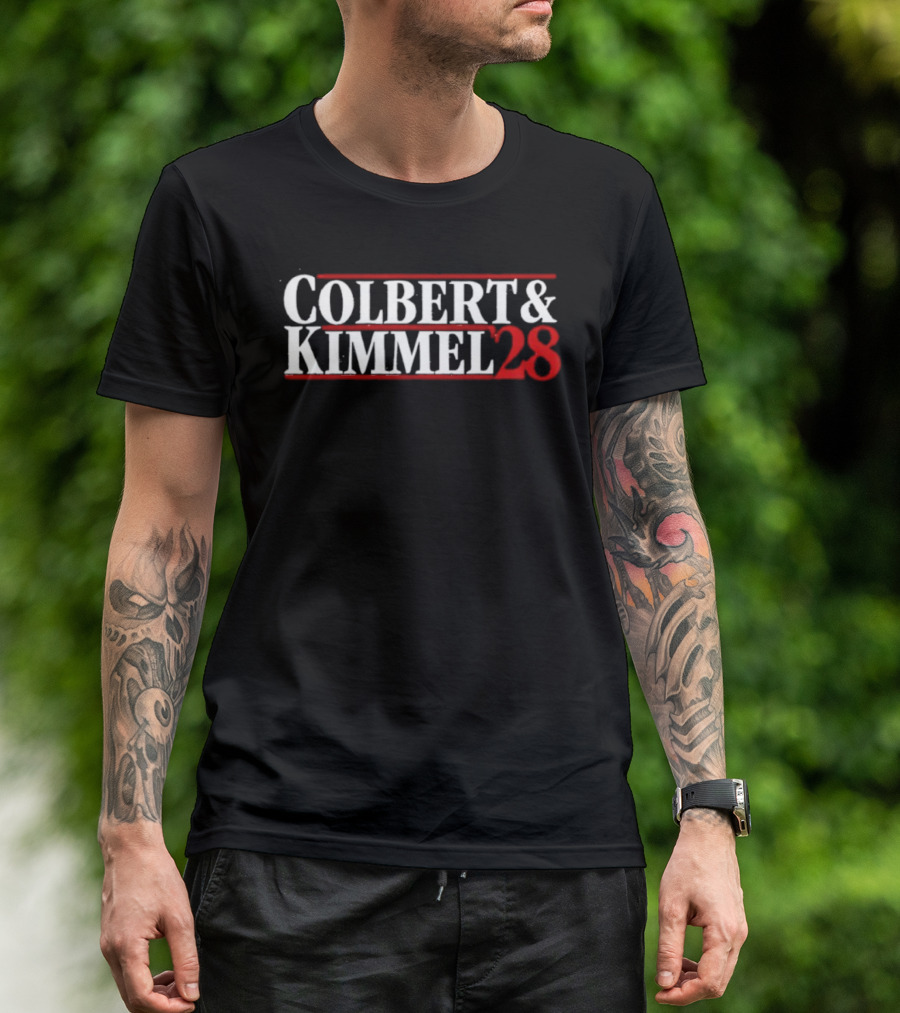 Colbert & Kimmel ’28 Red White Bold Lettering T-Shirt