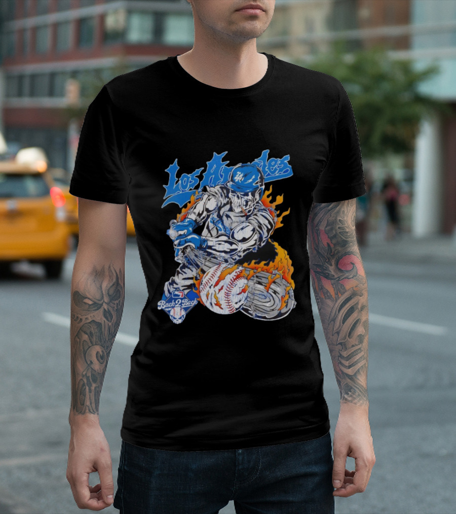Warren Lotas Back 2 Back Los Angeles Dodgers MLB Skull Baseball Flame Design T-Shirt