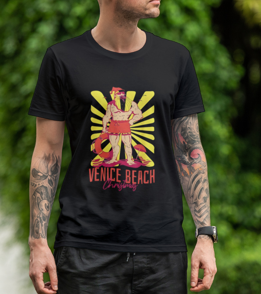 Venice Beach Christmas Lifeguard Santa Sunburst T-Shirt