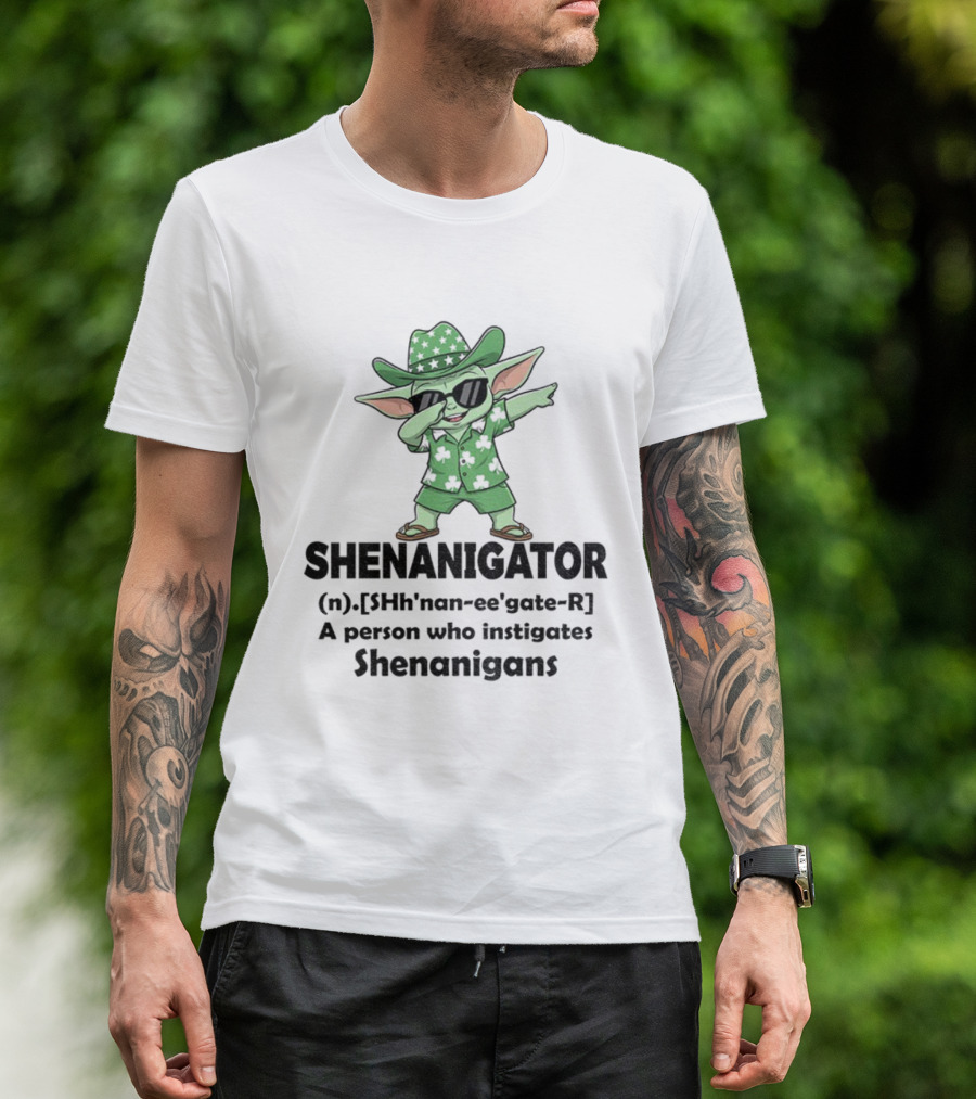 Shenanigator Baby Yoda Leprechaun Outfit Dabbing Fun Instigates Shenanigans T-Shirt