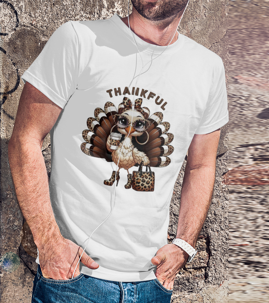 Thankful Leopard Print Turkey Coffee Lover Fashionista T-Shirt