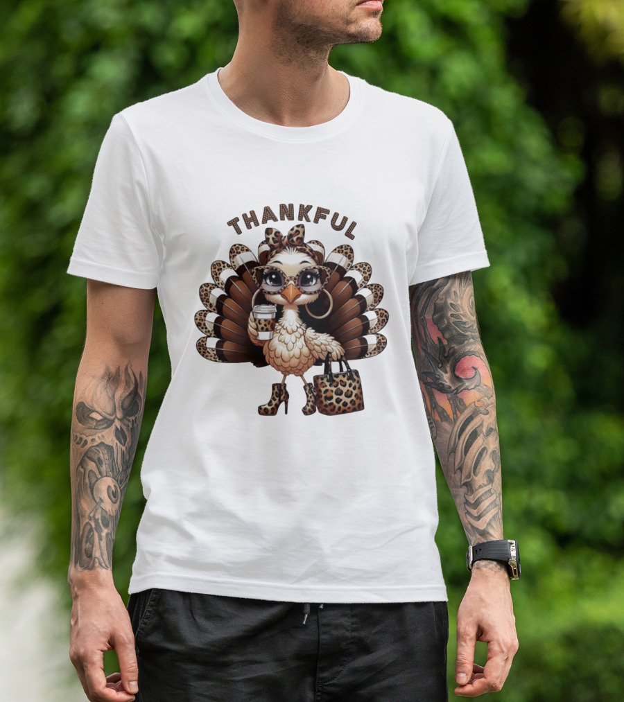 Thankful Leopard Print Turkey Coffee Lover Fashionista T-Shirt