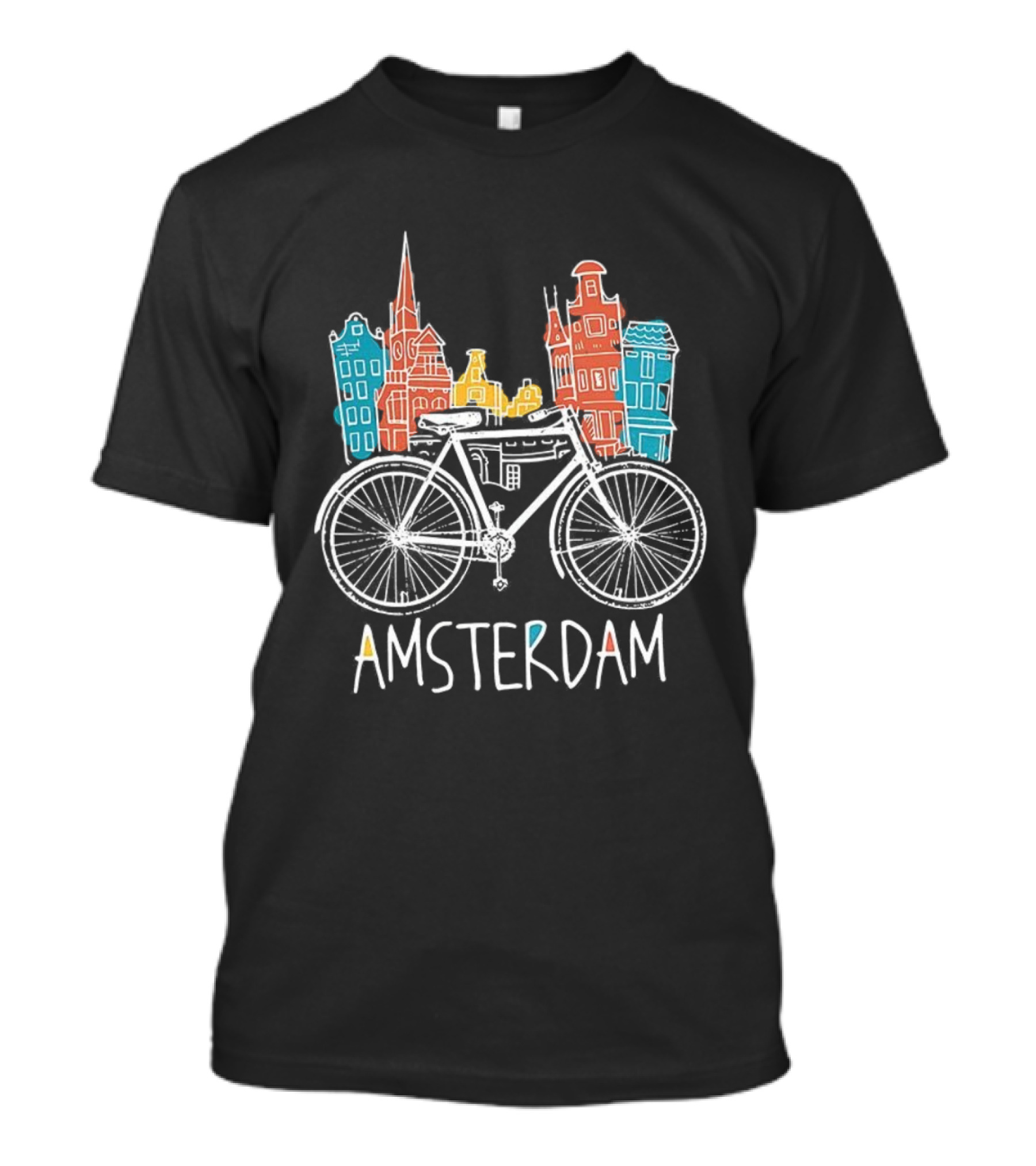 Amsterdam Bicycle Skyline Colorful Sketch Houses T-Shirt