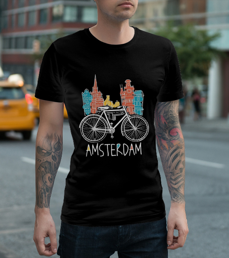 Amsterdam Bicycle Skyline Colorful Sketch Houses T-Shirt