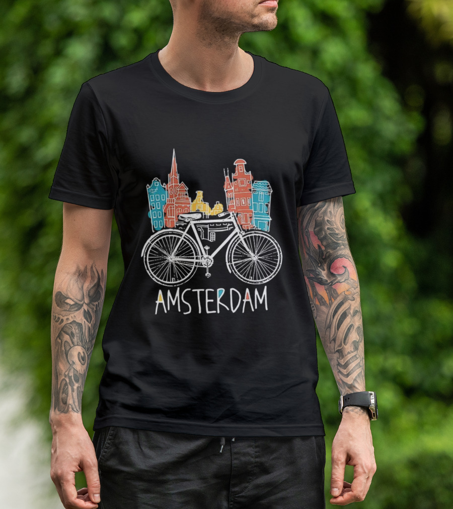 Amsterdam Bicycle Skyline Colorful Sketch Houses T-Shirt