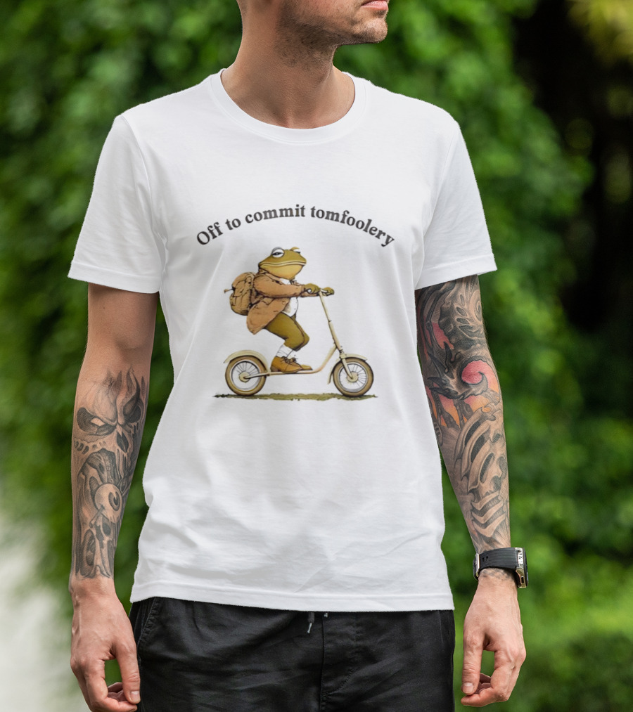 Off To Commit Tomfoolery Frog Riding Scooter With Backpack T-Shirt