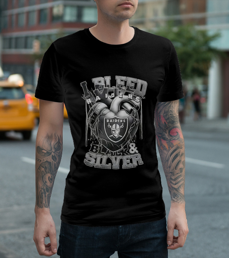I Bleed Raiders Black And Silver Heart Football Fan Pride T-Shirt