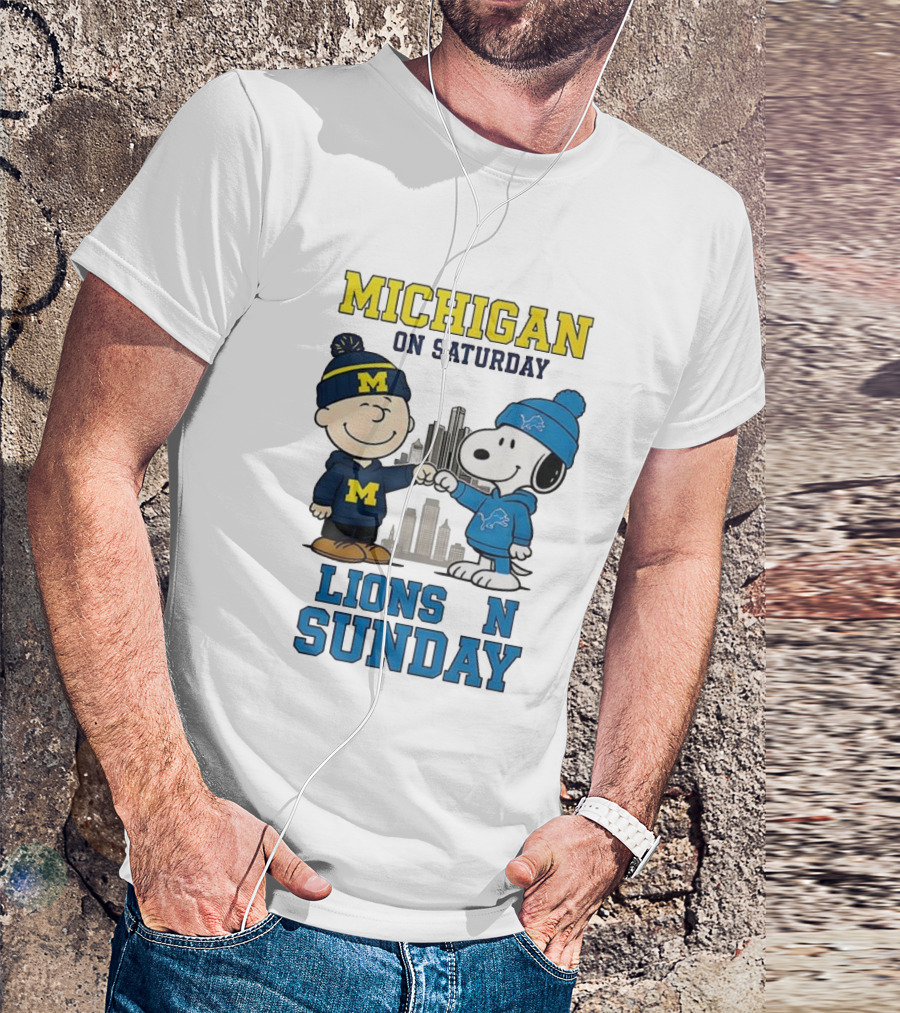 Michigan Wolverines On Saturday Charlie Brown And Snoopy Lions On Sunday T-Shirt