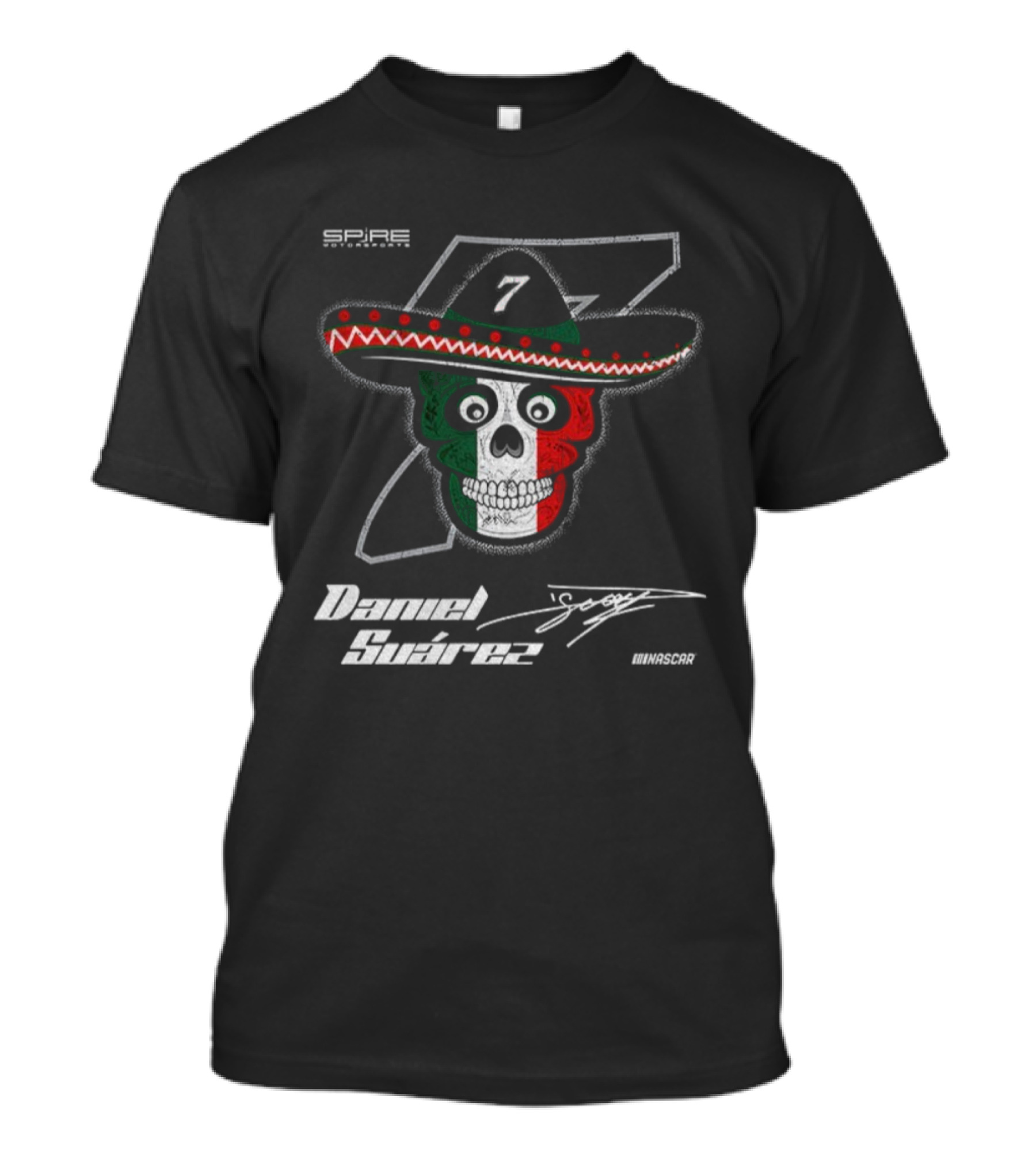 Daniel Suarez 7 Signature Skull Sombrero Spire Motorsports NASCAR T-Shirt