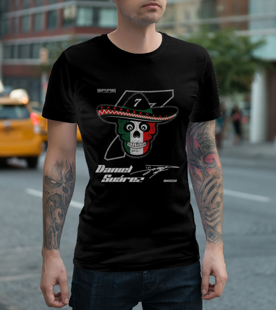 Daniel Suarez 7 Signature Skull Sombrero Spire Motorsports NASCAR T-Shirt