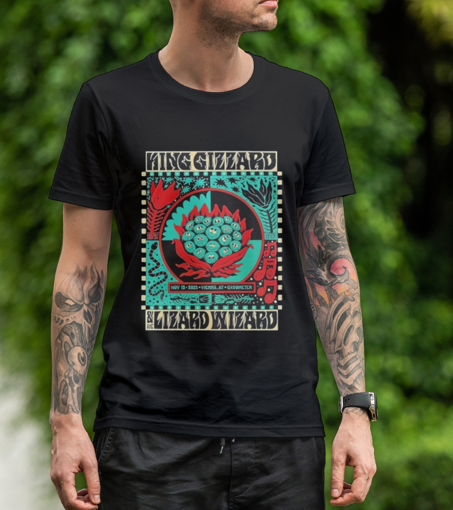King Gizzard And The Lizard Wizard Vienna Austria November 12 2025 Event At Gasometer Music Notes And Floral Illustration T-Shirt