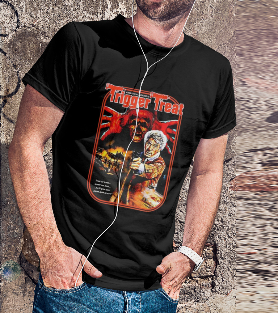 Walker Macdonald’s Trigger Treat Trick Or Treat Horror Skull And Shooter Scene T-Shirt