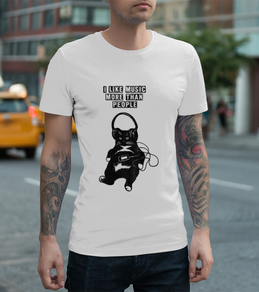 Black Cat with Headphones I Like Music More Than People T-Shirt