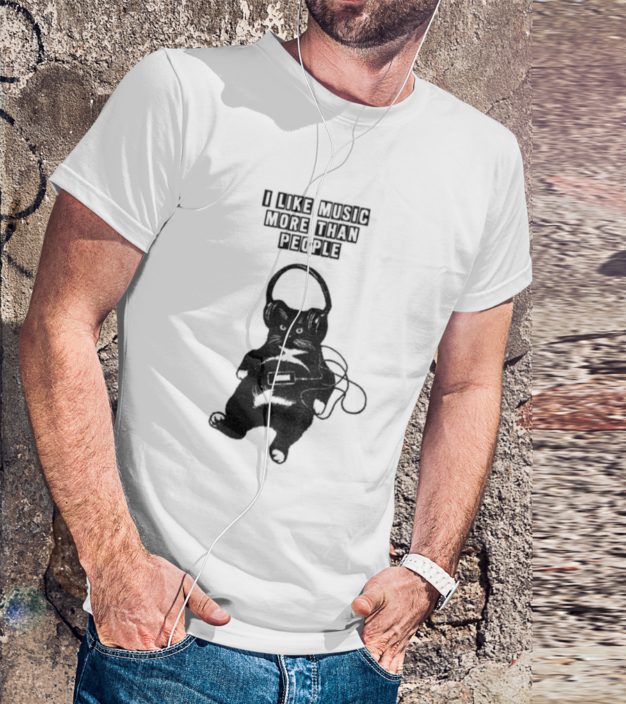 Black Cat With Headphones I Like Music More Than People T-Shirt