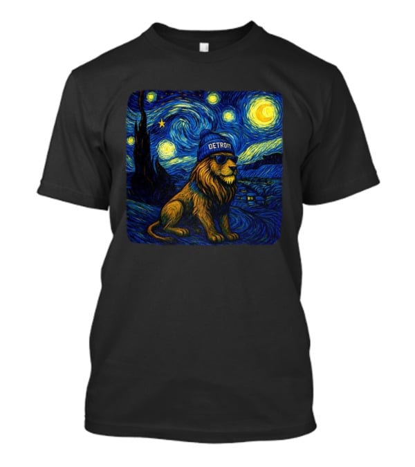 Detroit Lions Starry Night Van Gogh Style Lion With Beanie And Sunglasses T-Shirt
