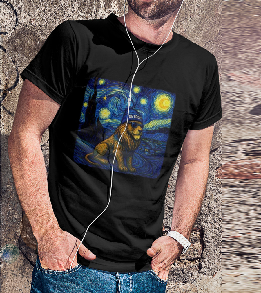 Detroit Lions Starry Night Van Gogh Style Lion With Beanie And Sunglasses T-Shirt