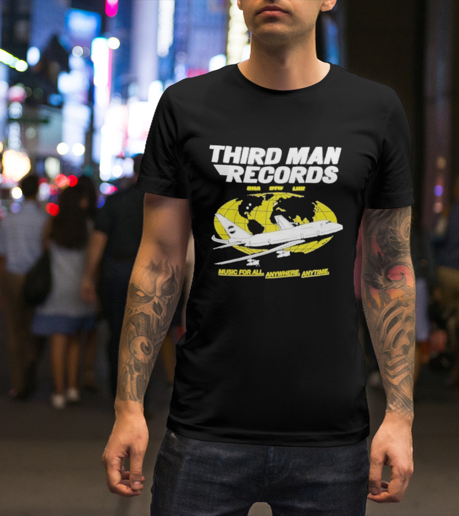 Third Man Records Music For All Anywhere Anytime Globe Plane T-Shirt