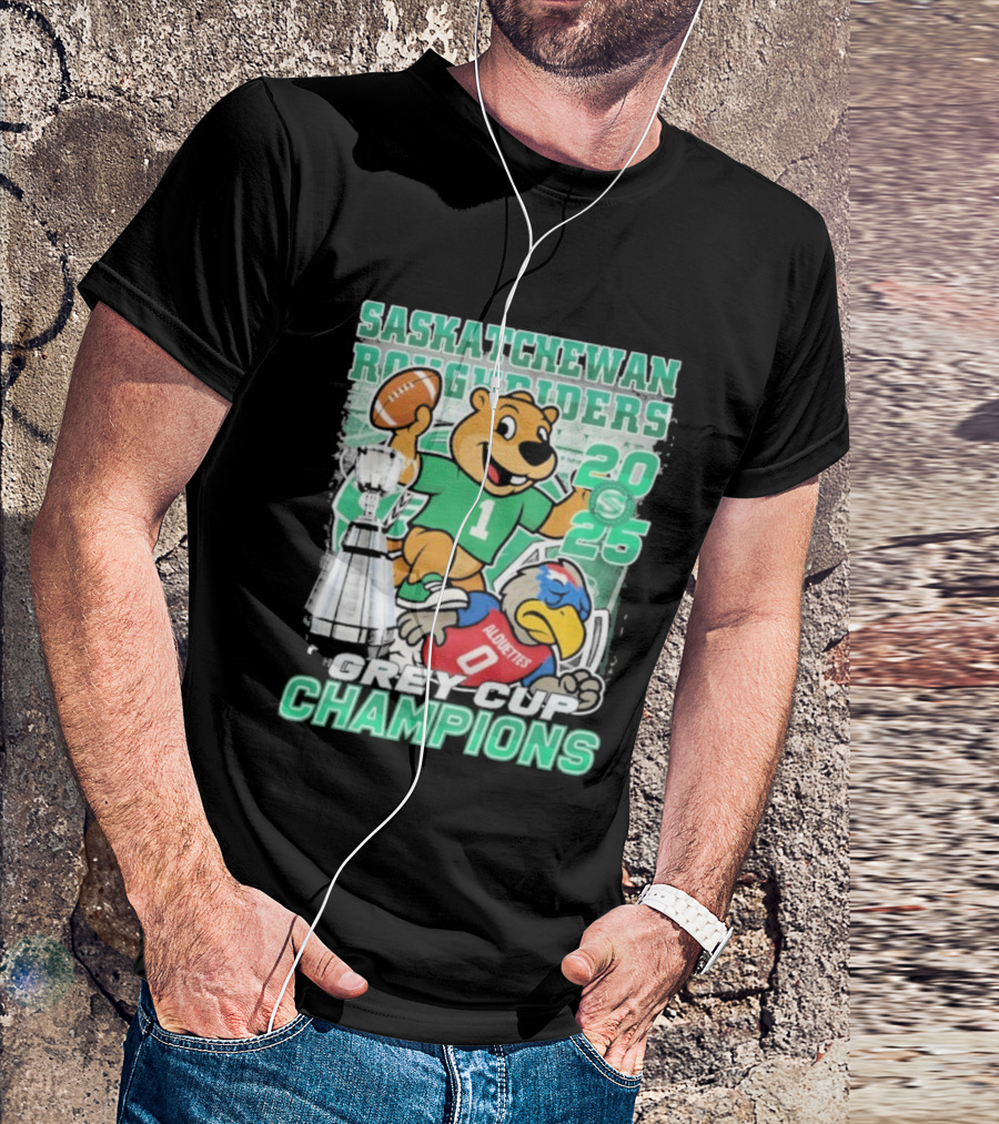 Saskatchewan Roughriders 2025 Grey Cup Champions Trophy Mascot Alouettes T-Shirt