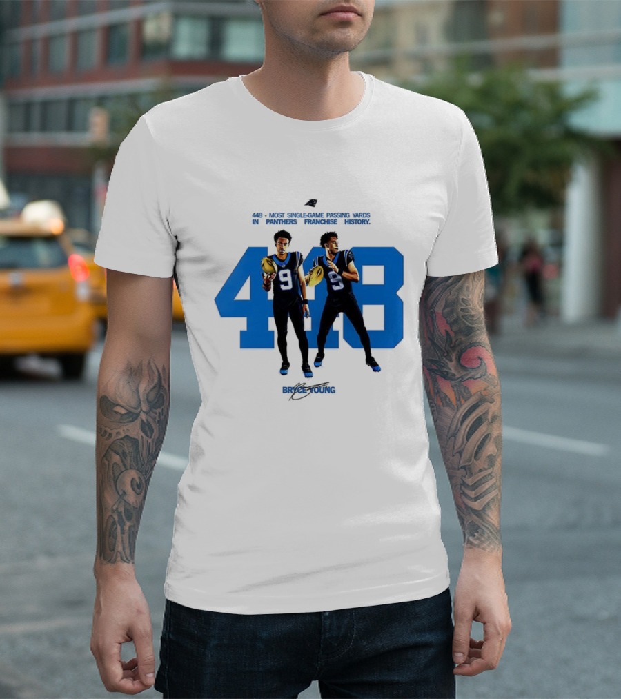 Carolina Panthers Bryce Young 448 Signature Blue Number 9 Football T-Shirt