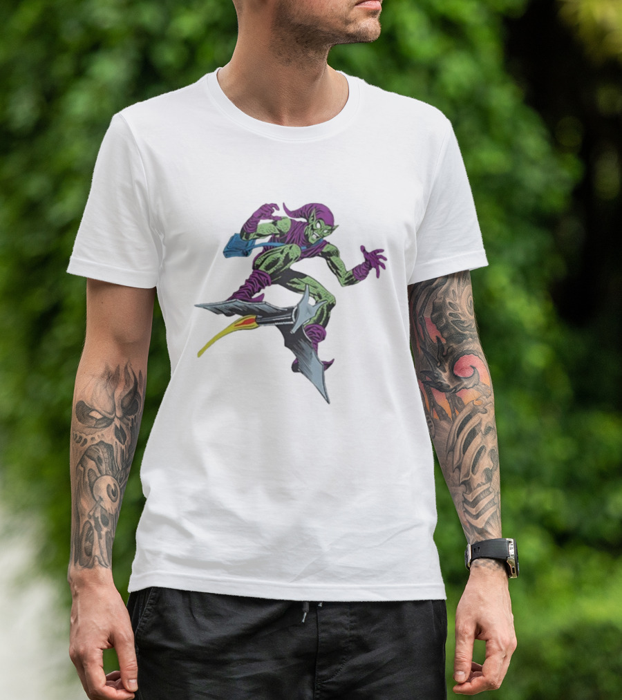 Green Goblin Marvel Character Flying Glider Comic Book Style Artwork T-Shirt