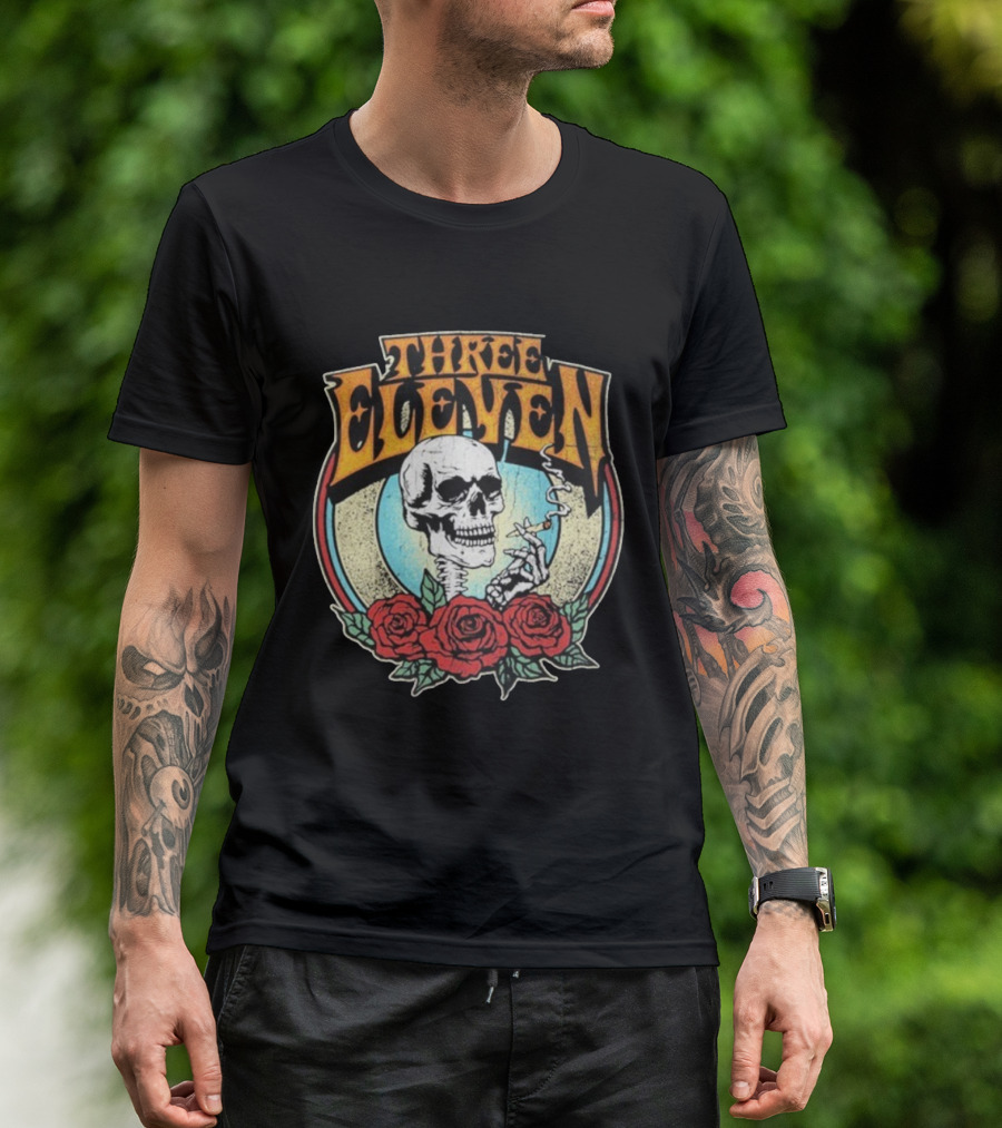 Three Eleven Smoking Skull With Roses Vintage Style T-Shirt