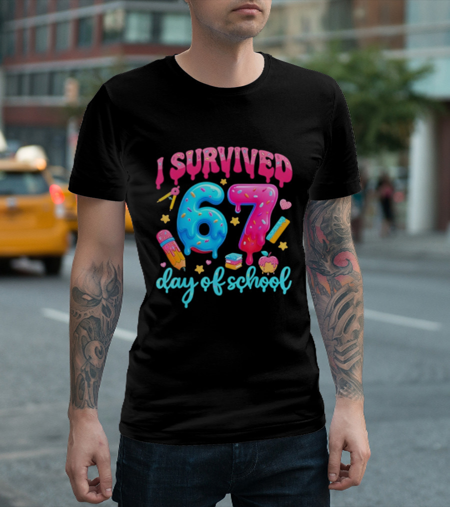 I Survived 67 Days of School Pencil Cupcake Book Stars Hearts T-Shirt